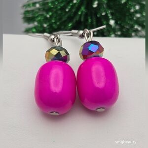 Neon Pink Jade & Aurora Borealis AB Purple Bead Drop Earrings Fuchsia Statement